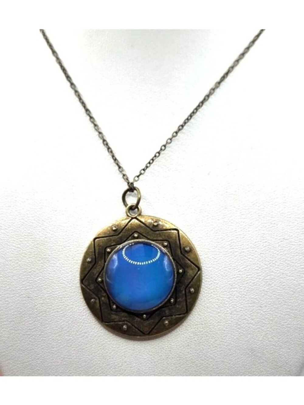 Antique Brass Look Necklace With Blue Glass Stone Pendant On Chain